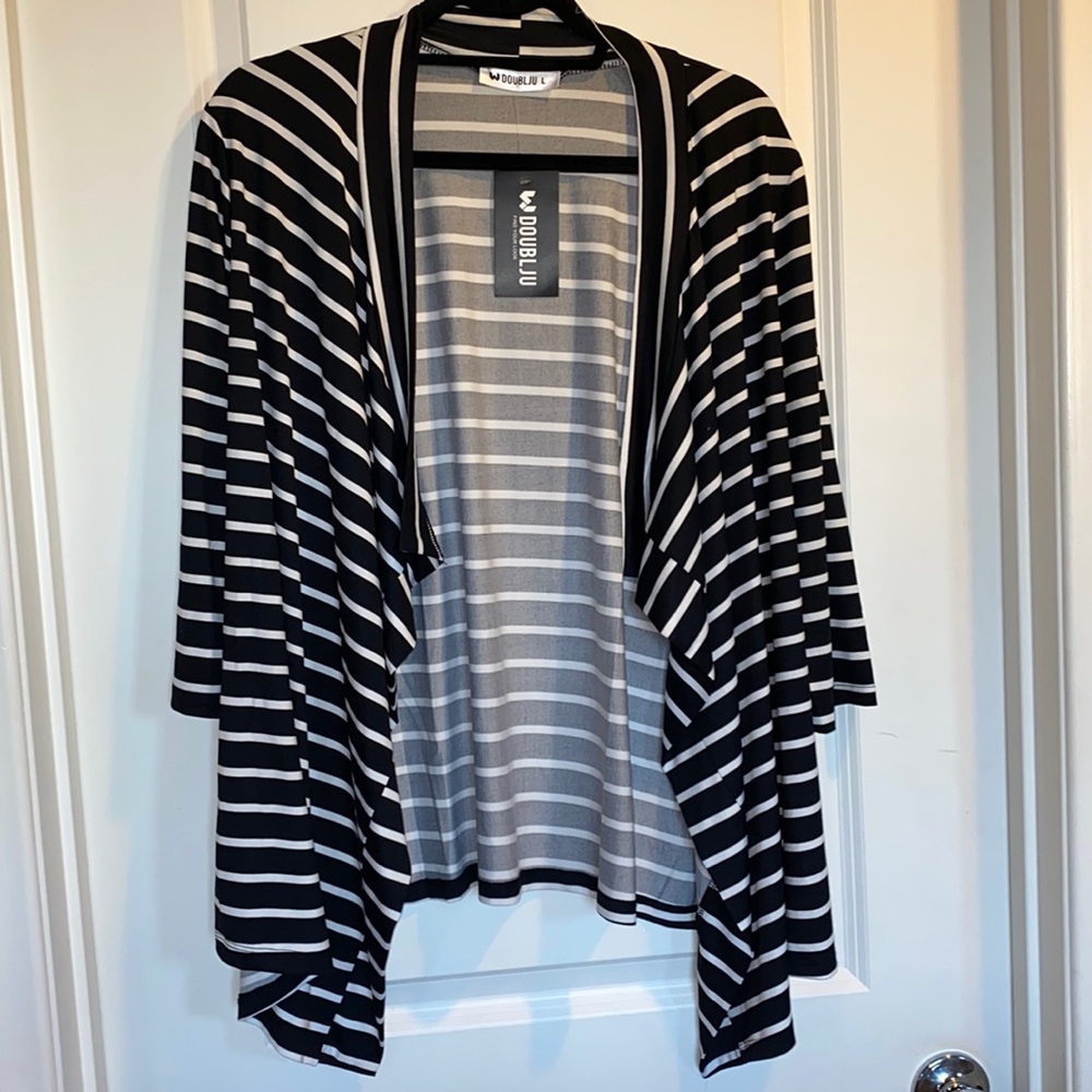 Doublju NWT Large Black & White Cardigan 3/4 Sleeve Waterfall Front Stretchy